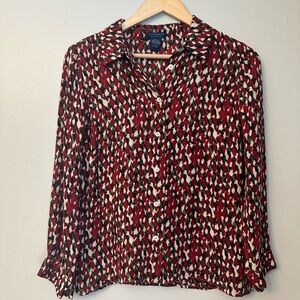 100 Percent Silk Doncaster Red, Black & Cream Geometric Button-Down Blouse 4